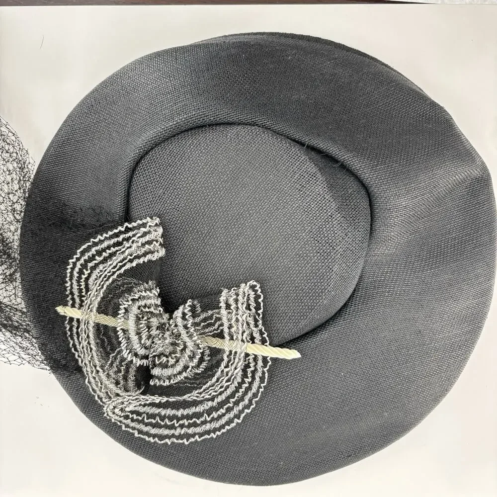 Vtg Black Tilt Fascinator Hat Birdcage Veil Cocktail Church Derby Wedding